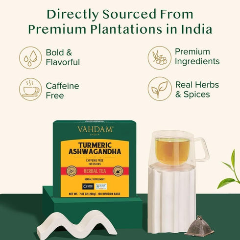 (100 Count) 100% VAHDAM, Turmeric Ashwagandha Herbal Tea Bags Caffeine Free, Non GMO, Gluten Free | Pure Herbal Blend