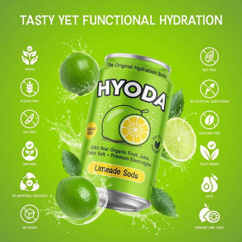 12 OZ 12 Pack HYODA Limeade Soda, Gluten Free and Vegan Sparkling Electrolyte Drink, Made with Organic Lime Juice