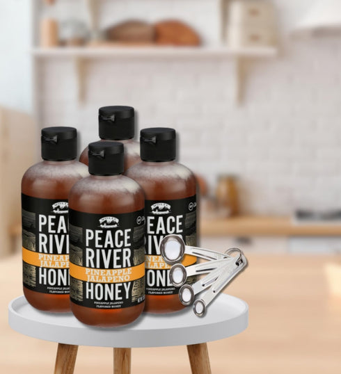GROVE 4x 12 OZ Set Set (5 Peace River Honey Honey Pineapple Jalapeno Bundle with Measuring Spoon Sweet and Spicy Blend