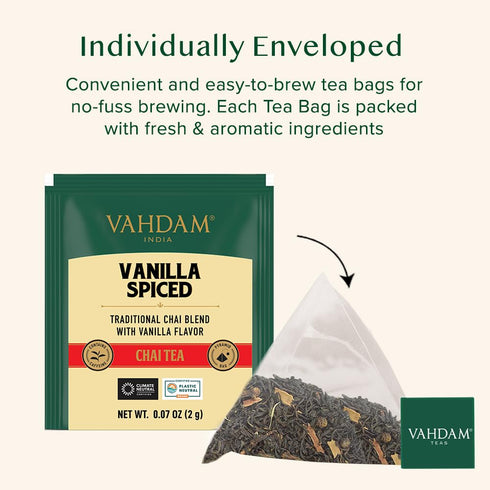 VAHDAM Vanilla Chai Tea Bags (30 Count), High Caffeine, Non GMO, Gluten Free, Full-bodied & Malty