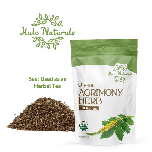 Halo Naturals 4 Packaged Organic Agrimony Herb Cut & Sifted, Ounces (Agrimonia eupatoria) USDA Certified | Resealable