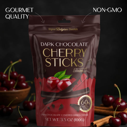 3.5 oz (Pack 1) BeeMax Dark Chocolate Covered Dried Cherry Sticks - Resealable Pouch of - Non-GMO, Premium Belgian dark