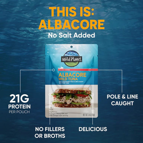 Wild Planet Wild Albacore Tuna, No Salt Added, Sustainably Wild-Caught, 3 Ounce Pouch (Pack of 1)