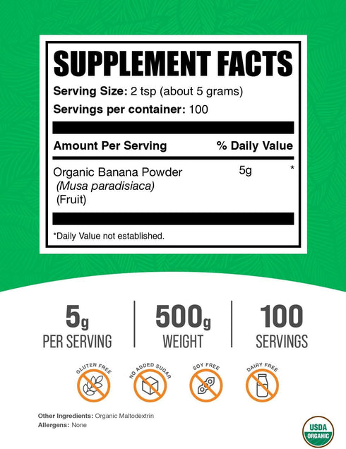 5g 500g (1.1 lbs) (Pack 1) BulkSupplements.com Organic Banana Powder - Banana Fruit Powder, Nutrient Rich - Air-Dried