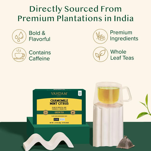(30 Count) VAHDAM, Chamomile Mint Citrus Green Tea Bags Low Caffeine, Non GMO, Gluten Free | Sweet & Floral |