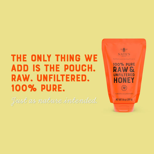 100% 14 Nate's Pure, Raw & Unfiltered Honey, No-Drip Sustainable Squeeze Pouch; Purity Guarantee, No Additives, Ounce