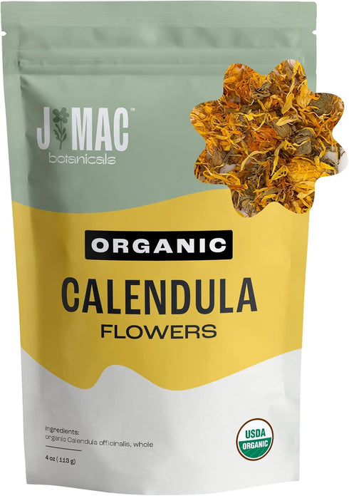 J Mac Botanicals Organic Calendula Flower (4 oz) - Whole Dried Flowers and Petals for Loose Leaf Tea