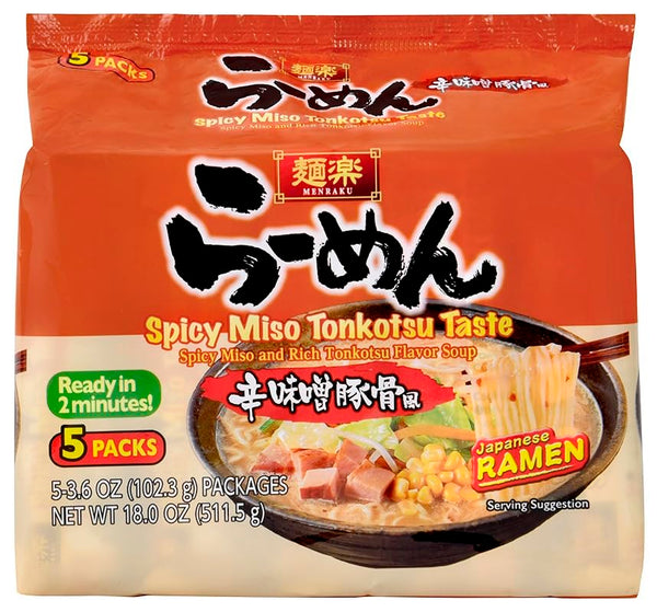 Hikari Menraku Ramen Spicy Miso Tonkotsu Japanese Instant Noodle Soup, 5 Pack, 18 Oz