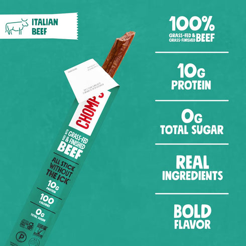 Whole30 90 1.15 Oz 10 Pack CHOMPS Grass Fed Beef Jerky Meat Snack Sticks, AIP Diet Compliant, Keto, Paleo, Approved