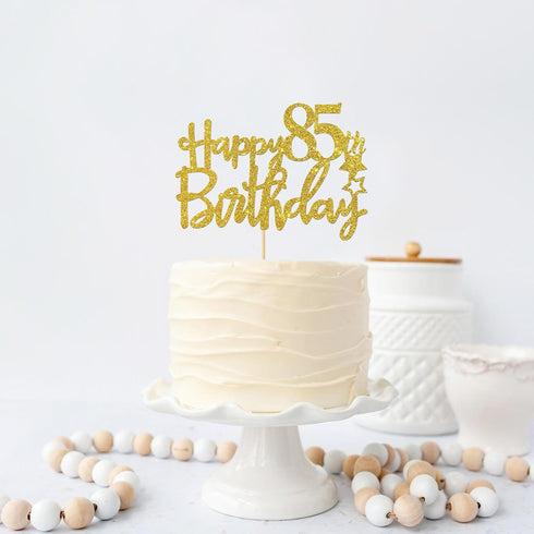 Gold Glitter Happy 85th Birthday Cake Topper - 85 Sign Cake Topper - Cheers to 85 Years Party Supplies Decoration