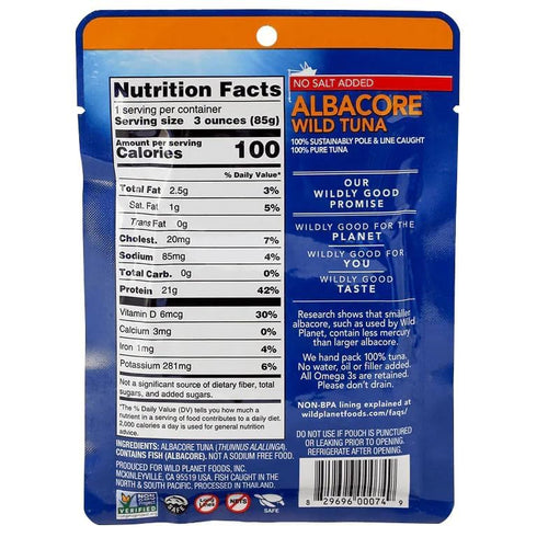 Wild Planet Wild Albacore Tuna, No Salt Added, Sustainably Wild-Caught, 3 Ounce Pouch (Pack of 1)