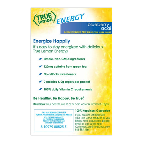 6ct (Pack 1) True Lemon Blueberry Acai of - Energy Drink Powder Mix - Sugar Free Energy Drinks