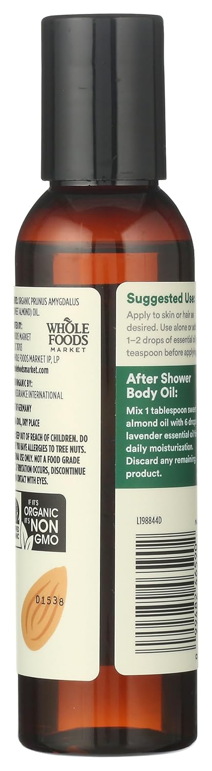 365 by Whole Foods Market 4 Oz , Organic Softening Sweet Almond Oil, Skin & Hair Care, Fl