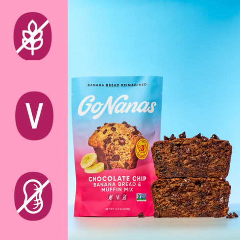 1pk GoNanas Chocolate Chip Oat Flour Banana Bread Mix, Suitable for Plant Based Vegan Diets, Gluten Free Dairy Free