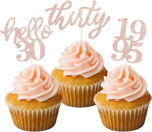 24 Pcs Rose Gold Glitter Cupcake Toppers for 30th Birthday, 30th Anniversary, Wedding Party Decorations