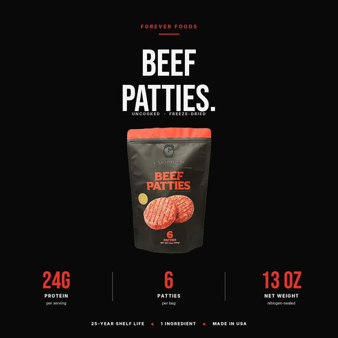 6-Count Pack 2 lbs. FOREVER FOODS Uncooked Freeze-Dried Beef Patties | | Family | Equivalent