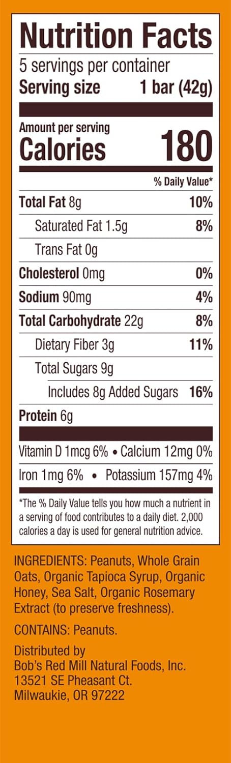5pk 5 (Pack 1) Bob's Red Mill PB Honey & Oats Bar, bars of - Non GMO, Gluten Free, Kosher