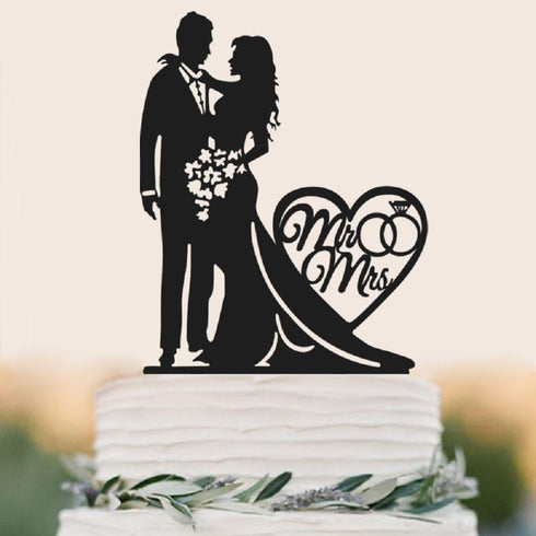 Mr And Mrs Wedding Cake Topper, Heart Love Black Acrylic for Engagement Bridal Shower