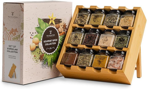 TILZ GEAR Wooden 3-Tier Spice Rack, 12 Filled Glass Jars, 12 Organic