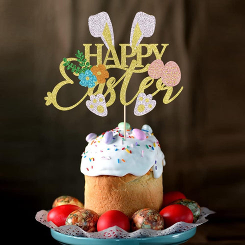 Kaoenla Gold Glitter Happy Easter Cake Topper - Bunny Easter Egg Decor, Spring Floral Easter Party Decorations Supplies