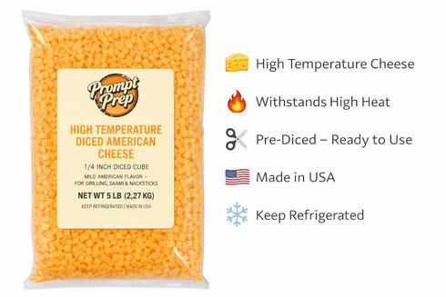 5 lb 1/4 Inch Prompt Prep High Temperature Diced American Cheese, Bulk Bag | Cubes | Mild Flavor | Ideal for Grilling
