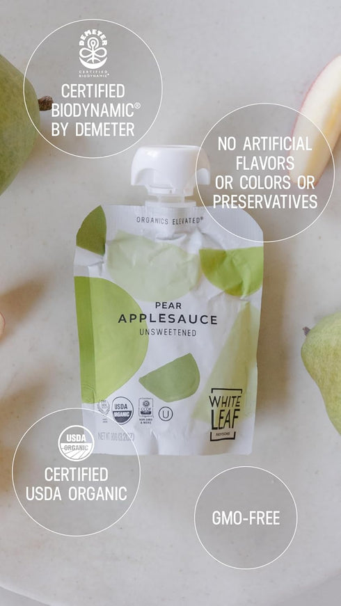 3.2oz (Pack 24) White Leaf Organic Pear Applesauce Regeneratively Farmed, No Added Sugar, Kosher, USDA, GMO & BPA free