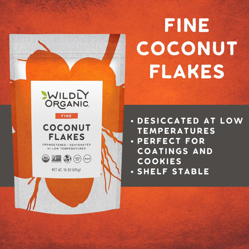 16 Oz, 1 lb Wildly Organic Fine Coconut Flakes Bag Unsweetened, Organic, Gluten-Free, Vegan, Non-GMO, All-Natural