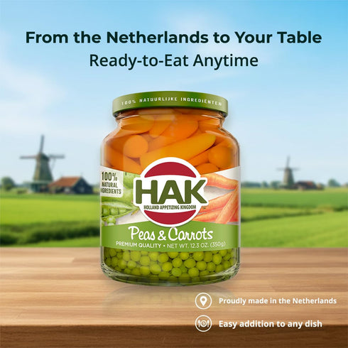 Hak 12.3oz 6 Pack Green Peas with Carrots in Glass Jar - Ready-to-Eat Mixed Vegetables with Sea Salt & Water - Canned