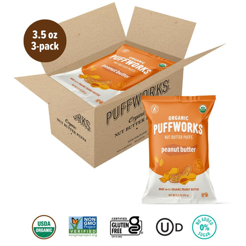 3.5 (Pack 3) Puffworks Original Organic Peanut Butter Puffs, Plant-Based Protein Snack, No Added Sugar, Gluten