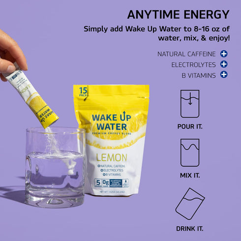 Wake Up Water - Energy + Hydration Sugar Free 15 Packet, Lemon Flavor Electrolytes Powder Drink, Gluten Free