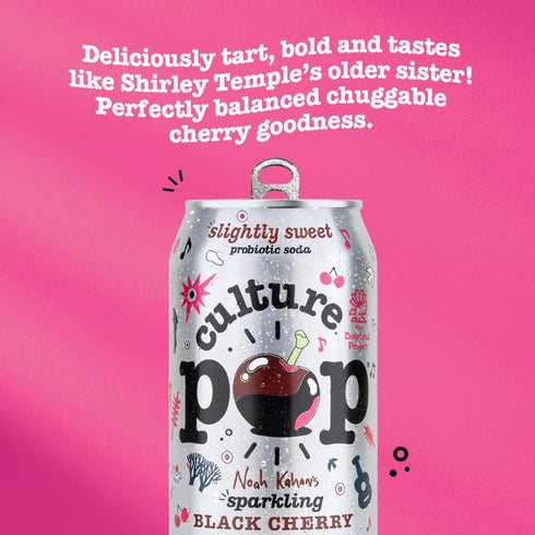 (Multipack, 12ct, 144 oz) Culture Pop Soda, Noah Kahan's Sparkling Black Cherry, Probiotic Low Sugar Soda, Sparkling