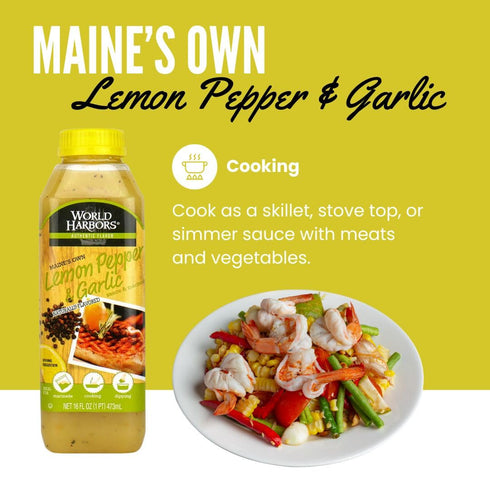 16 oz (Pack 2) World Harbors Lemon Pepper Garlic Sauce & Marinade, Made in Maine, Ideal for Chicken Wings, Seafood