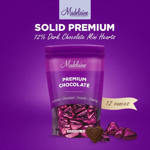 72% 12 oz Madelaine Dark Chocolate Mini Hearts Candy Cacao Valentines Day Chocolates, Individually Wrapped in Burgundy