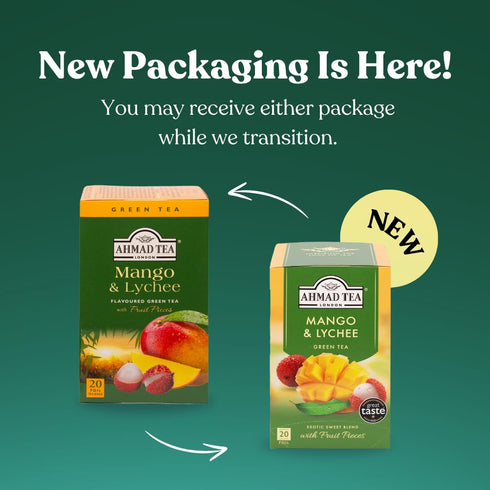 20 Count, Pack 6 Ahmad Tea Mango & Lychee Flavored Green Tea with Fruit Pieces