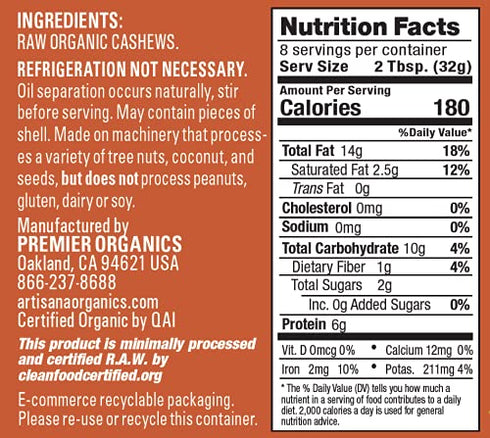 9.5oz Artisana Organics Raw Cashew Butter - No Sugar Added, Vegan and Paleo Friendly, Non GMO, Jar