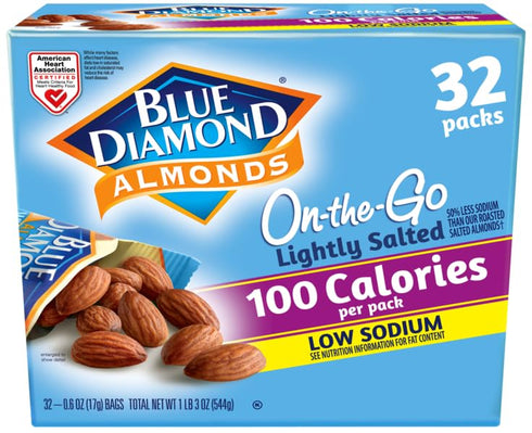 100 Packs, 0.6 (Pack 32) Blue Diamond Almonds Low Sodium Lightly Salted Snack Nuts, Calorie Ounce
