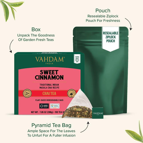 (100 Count) 100% VAHDAM Sweet Cinnamon Chai Tea Bags | Natural Spices | Spiced Masala Chai with Natural Cinnamon |