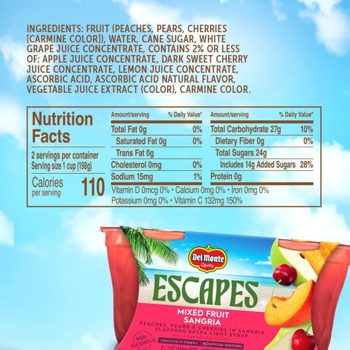 7 oz Pack 6 (12 Del Monte Escapes Mixed Fruit Sangria, Cups, of Cups)