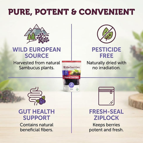 1lb Immune Gummies, Dried Elderberries - Bulk - Dried Mixed Fruits Hand-Sorted, Wildcrafted, Natural, Non-GMO, European