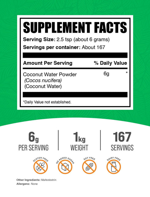 6g 1kg (2.2 lbs) (Pack 1) BulkSupplements.com Coconut Water Powder - Electrolyte Supplement, Water Flavoring & Enhancer
