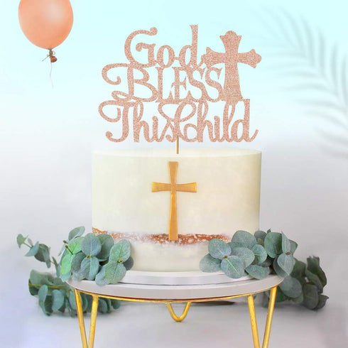 God Bless this Children Cake Topper, Rose Gold Glitter Baptism Cake Toppers for Christening, First Communion Baby Shower