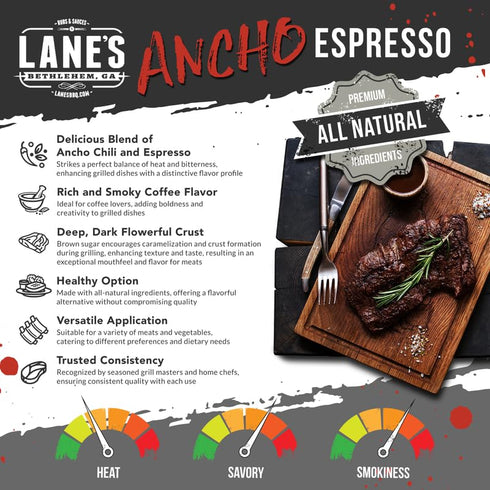 10.7 oz Lane's Ancho Espresso Coffee Rub, - All Natural BBQ Rub Steak Seasoning with Ancho Chili & Espresso - Creates
