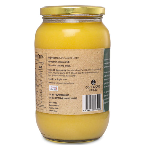 A2 33.814 Oz (1L), 100% Conscious Food Desi Cow Ghee - Fl Clarified Butter - Pure and Premium, Cultured Ghee, Natural