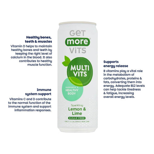 Get More 12 330ml 100% Vits Multivitamin Sparkling Spring Water Lemon & Lime, x Cans Sugar-Free, Low Calorie Vitamin