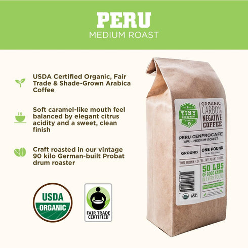 16 Tiny Footprint Coffee - Peru, Medium Roast, USDA Organic Ground Coffee, Fair Trade Certified - Ounce