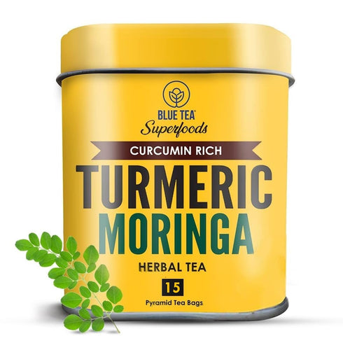 BLUE TEA - Turmeric Tea - Moringa - 15 Count Pyramid Plant Based Tea Bag | CURCUMIN RICH - HERBAL BLEND | Caffeine Free