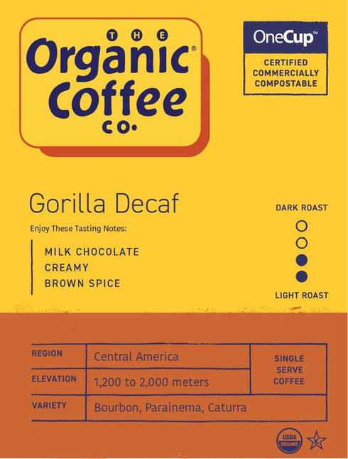 The Organic Coffee Co. Gorilla Decaf Compostable Coffee Pods (12 Ct) - K Cup Compatible, Medium Roast, USDA Organic