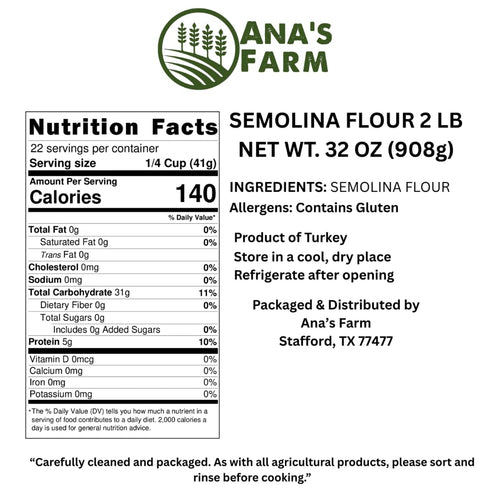 ANA'S FARM 2 lb Semolina Flour Bulk Bag Premium Quality, Clean & Natural, Coarse Wheat Flour for Pasta, Bread, Pizza