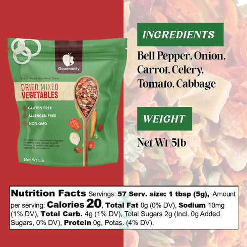 5lb Tasty Vegetable Soup Blend, Dehydrated Vegetables for Ramen Toppings, Stews, and Emergency Food, Bulk Resealable