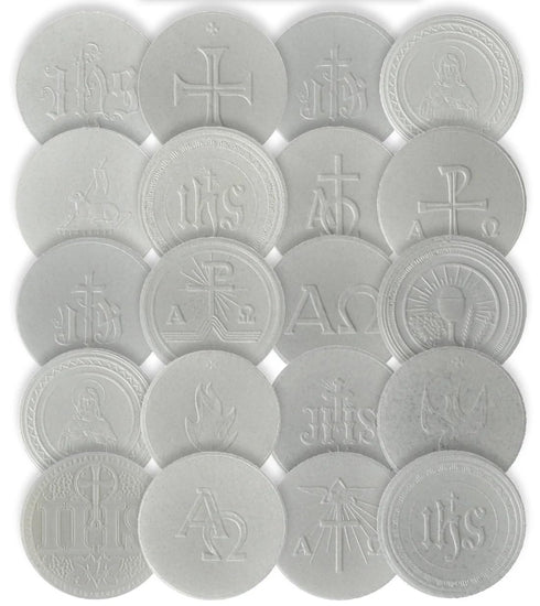 Generic 2 7/8" White Celebrant Altar Breads, Traditional Symbols Assortment, Made in Poland,